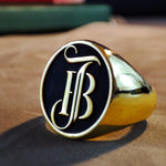 Load image into Gallery viewer, Modern and personal, this gold plated two-initial ring is made for both him and her. The sleek monogram design is customizable, offering a heartfelt gift option or a special treat for yourself. Its lightweight and adjustable structure make it comfortable for all-day, everyday use.