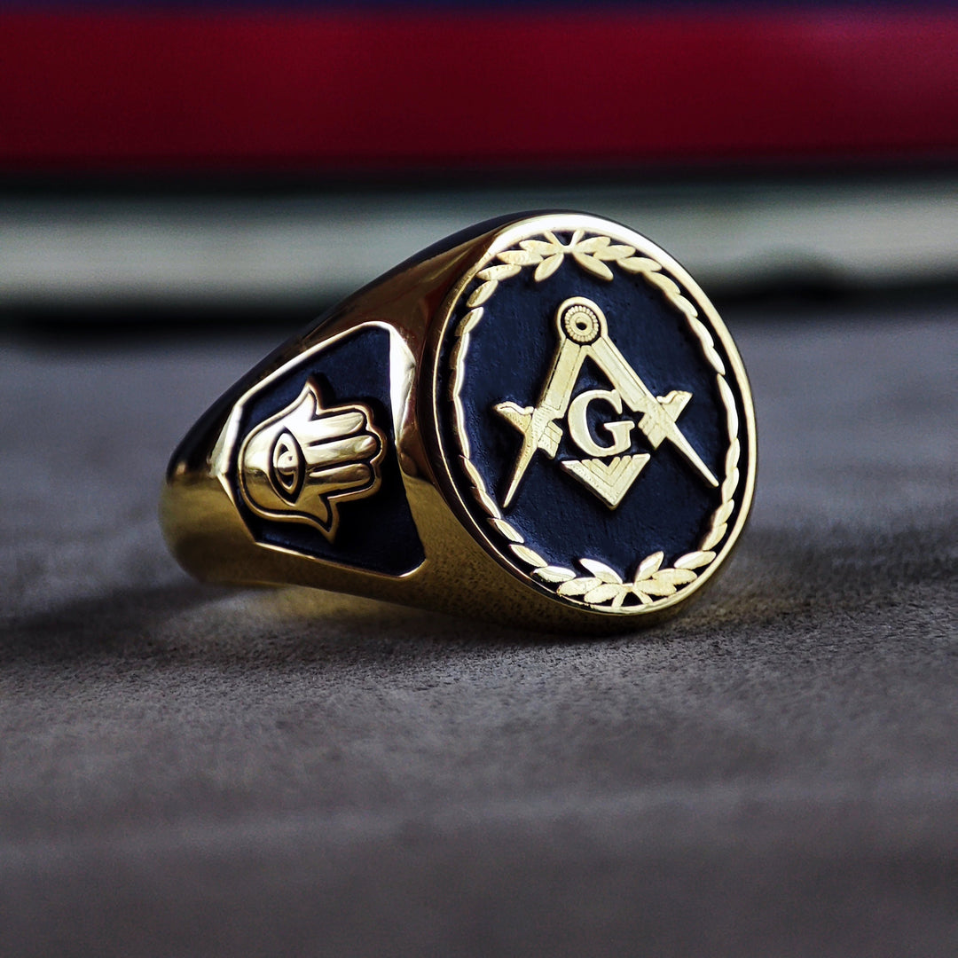 Luxurious Mason ring available in gold and gold-filled, showcasing the traditional Freemason insignia.
