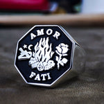 Load image into Gallery viewer, Amor Fati ring for her, crafted in gold and engraved with “Amor Fati.” This motivational ring symbolizes embracing life’s path, perfect as a daily reminder or a unique, thoughtful gift.