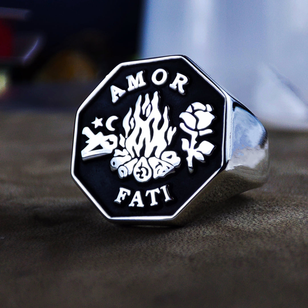 Handmade Amor Fati ring with custom engraving, crafted to inspire positivity. Perfect for daily wear, this ring is a meaningful keepsake, available in gold and silver, ideal for thoughtful gifting.