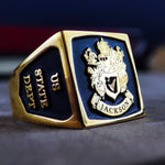 Load image into Gallery viewer, Celebrate your family heritage with this gold-plated square signet ring, enameled with a custom coat of arms engraving. A timeless and elegant design for men, this crest ring is a refined addition to any jewelry collection. Ideal for passing down as an heirloom, it serves as a sophisticated reminder of family legacy, personal achievements, and historical tradition.
