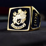 Load image into Gallery viewer, A regal and meaningful jewelry piece, this square enamel family crest ring is crafted in gold-plated silver and personalized with an engraved coat of arms. The vibrant enamel detailing enhances the noble appearance, making it a cherished heirloom. A bold and elegant signet ring designed for men who appreciate history, tradition, and superior craftsmanship.