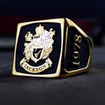 Load image into Gallery viewer, This custom square signet ring features a stunning enamel-filled family crest, highlighting intricate craftsmanship and personal heritage. Designed for men, this gold-plated heirloom ring is a meaningful gift for those celebrating their lineage. Whether worn daily or as a formal accessory, this coat of arms ring symbolizes honor and legacy, making it a truly unique jewelry piece.