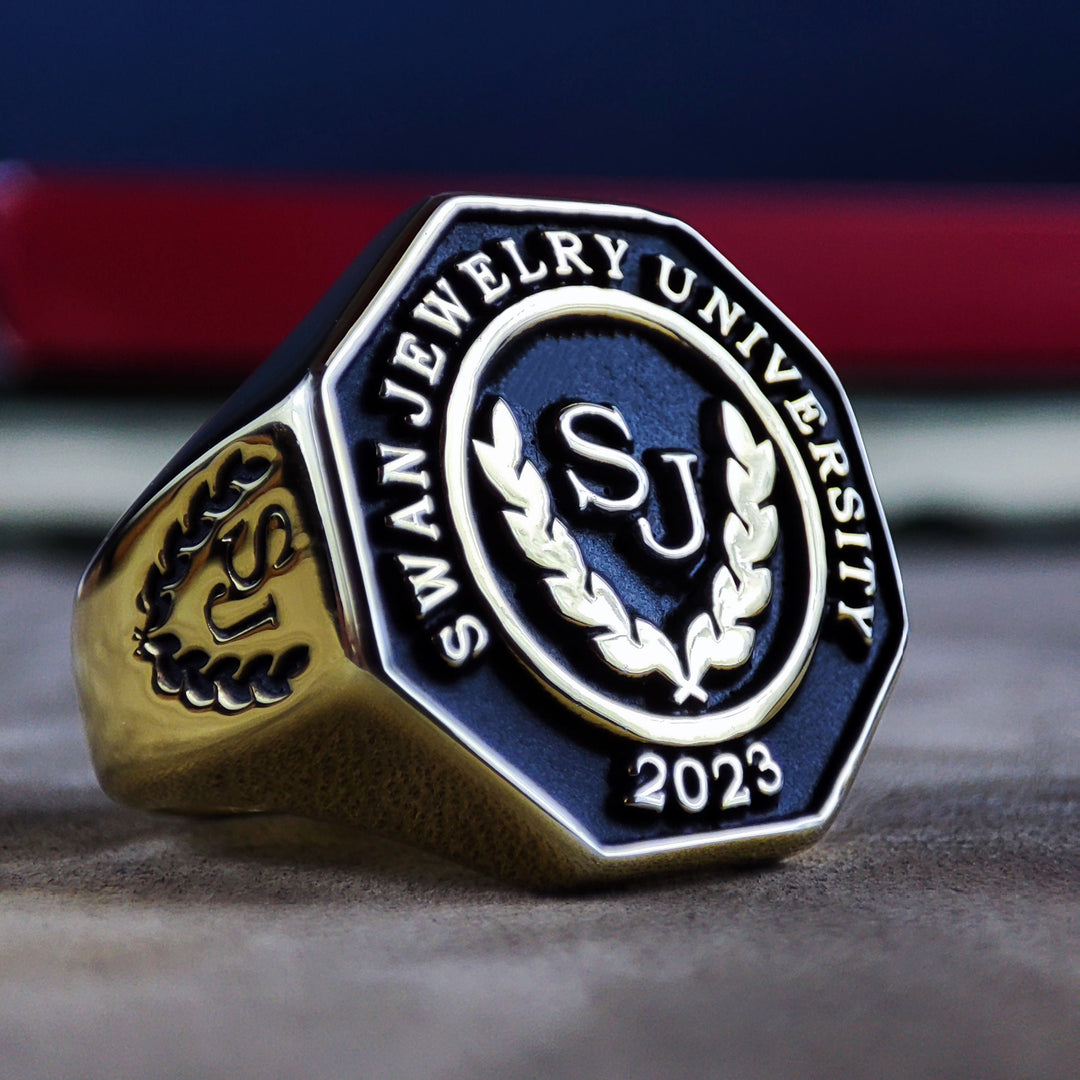 Octagonal men’s class ring with a bold design, perfect for celebrating college achievements with a touch of sophistication.