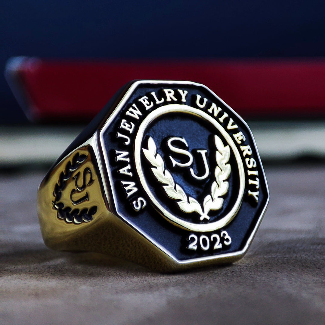 Octagonal college signet ring in gold plating, designed for men who appreciate bold and elegant jewelry.