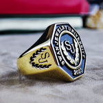 Load image into Gallery viewer, Custom university ring for men, crafted with a large octagonal face. A unique and meaningful piece for academic pride.