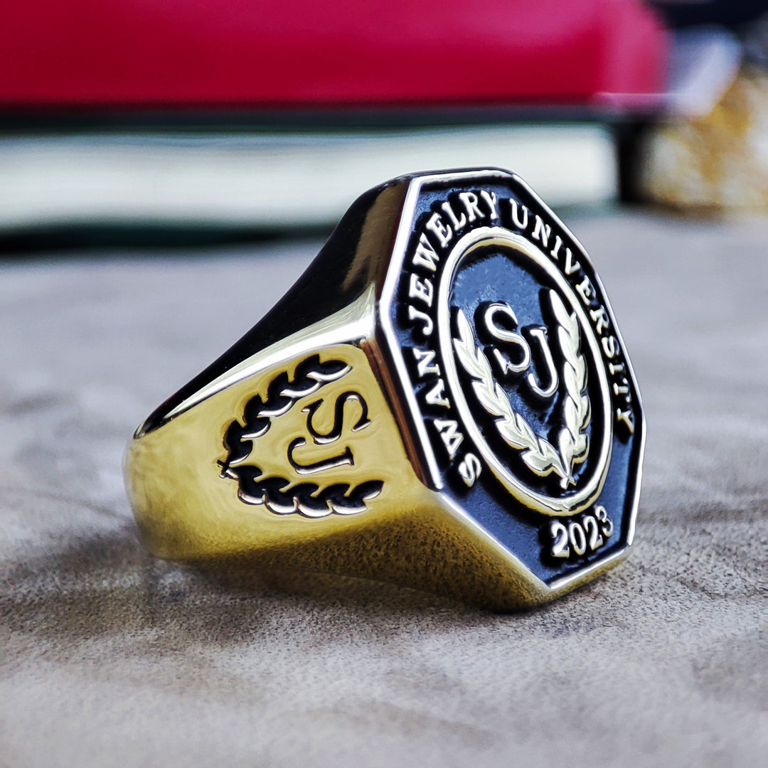 Custom university ring for men, crafted with a large octagonal face. A unique and meaningful piece for academic pride.