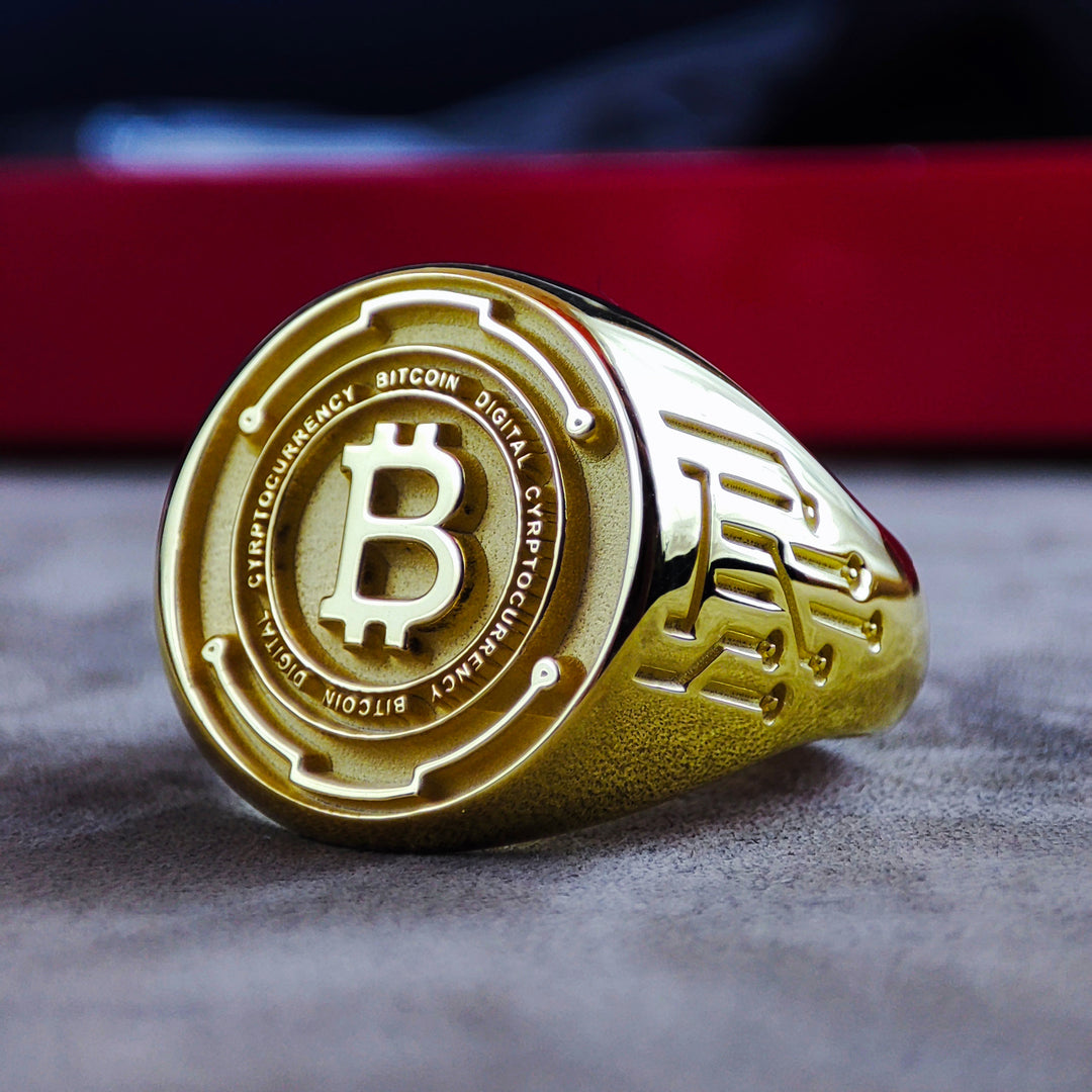 Custom gold Bitcoin ring, designed for those passionate about cryptocurrency. A unique piece that showcases your love for the digital revolution.