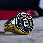 Load image into Gallery viewer, Gold Bitcoin ring for men, combining sophistication with a passion for blockchain. A stylish addition to any crypto enthusiast’s collection.