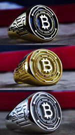 Load image into Gallery viewer, Personalized crypto ring with a Bitcoin symbol, crafted in gold. Ideal for those who value innovation and digital currencies.