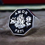 Load image into Gallery viewer, Personalized Amor Fati ring available in gold or silver, symbolizing love for fate. A unique, inspirational piece for those who seek motivation and a reminder to face life’s challenges with strength.