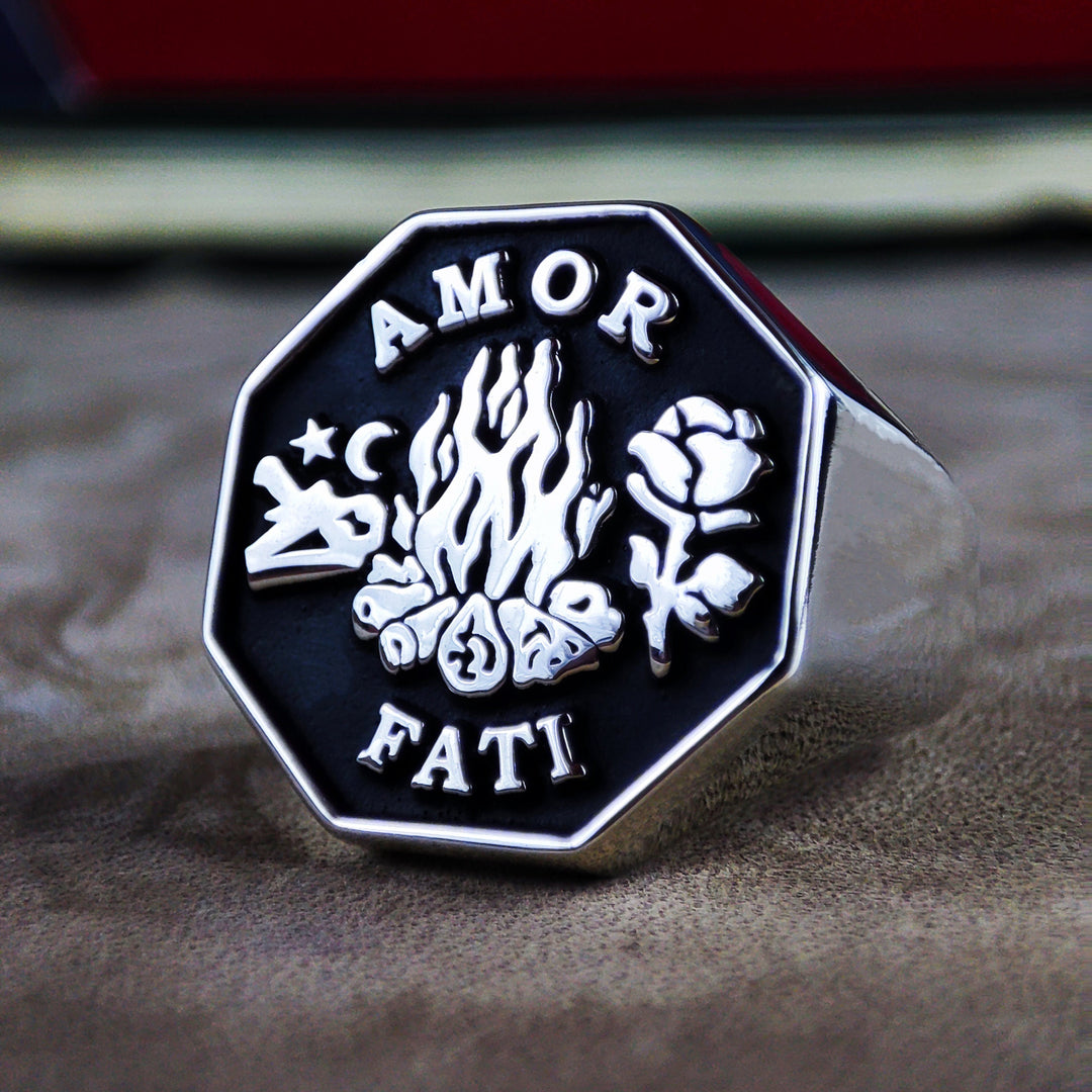 Personalized Amor Fati ring available in gold or silver, symbolizing love for fate. A unique, inspirational piece for those who seek motivation and a reminder to face life’s challenges with strength.