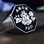 Load image into Gallery viewer, Amor Fati ring, engraved with “Amor Fati” in gold, symbolizing acceptance and love for one’s fate. This inspirational piece is ideal for daily wear or as a unique, motivational gift.