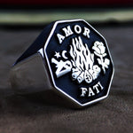 Load image into Gallery viewer, Elegant silver Amor Fati ring, custom engraved to represent resilience and a positive outlook. This meaningful jewelry piece is a perfect reminder to embrace life’s journey and makes a thoughtful gift.