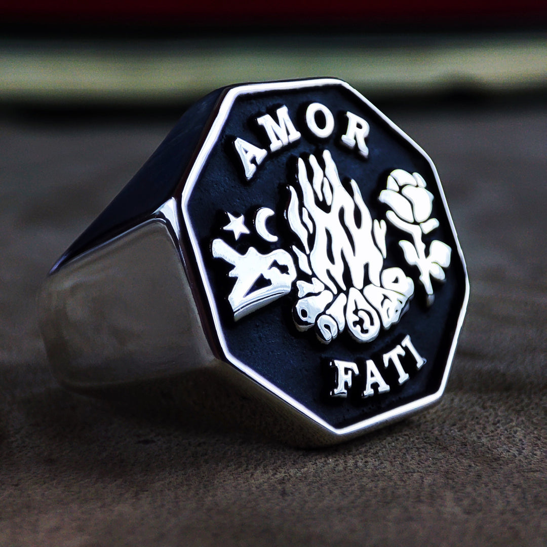 Elegant silver Amor Fati ring, custom engraved to represent resilience and a positive outlook. This meaningful jewelry piece is a perfect reminder to embrace life’s journey and makes a thoughtful gift.