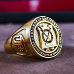 Load image into Gallery viewer, A beautifully crafted round university ring in vermeil gold, designed for students and alumni who appreciate elegant, timeless jewelry. This personalized signet ring is a sophisticated keepsake, perfect for marking graduation milestones. A refined and minimalist ring that represents success and achievement, making it an ideal accessory for any academic journey.