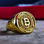 Load image into Gallery viewer, Bitcoin-themed gold ring, perfect for crypto enthusiasts. This elegant signet is ideal for those who believe in digital currencies and blockchain technology.