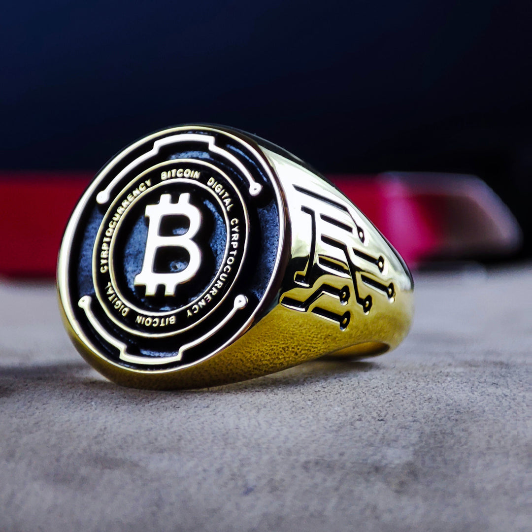 Custom Bitcoin signet ring, celebrating the world of digital assets. This gold ring is perfect for showcasing your support for cryptocurrency.