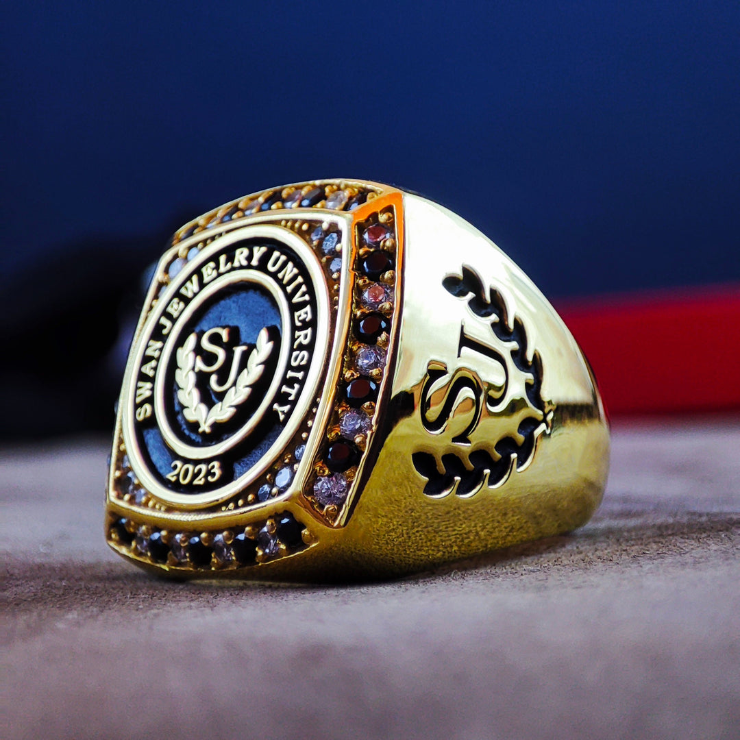 Custom gold-filled college ring with a dazzling stone, crafted for graduates who appreciate elegance. This ring makes a stunning keepsake.