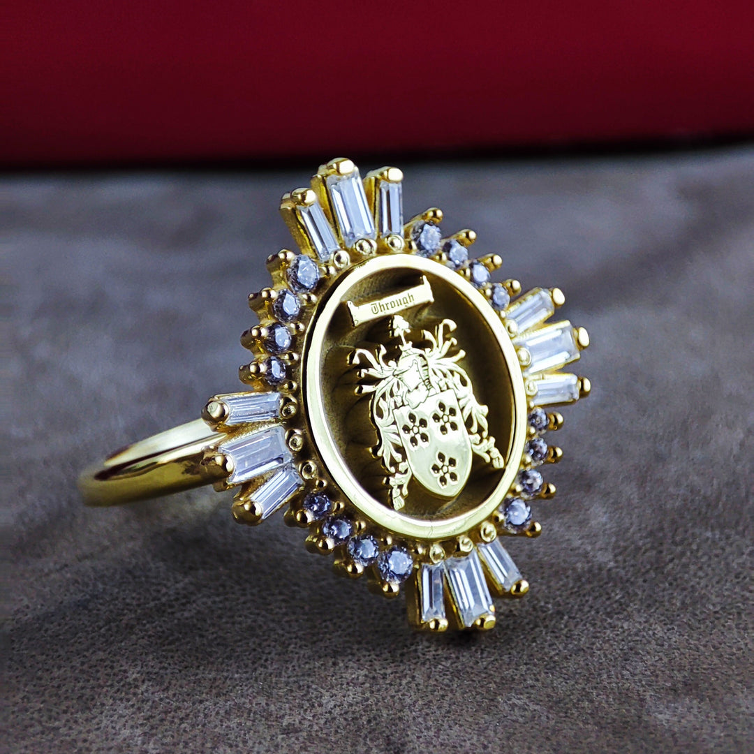 A personalized women's crest ring, featuring an intricately engraved coat of arms. This custom family signet is a unique and noble heirloom piece, crafted for those who value their lineage. Designed for elegance and history lovers alike, this refined ring is a perfect gift for marking family pride and heritage in a stylish way.