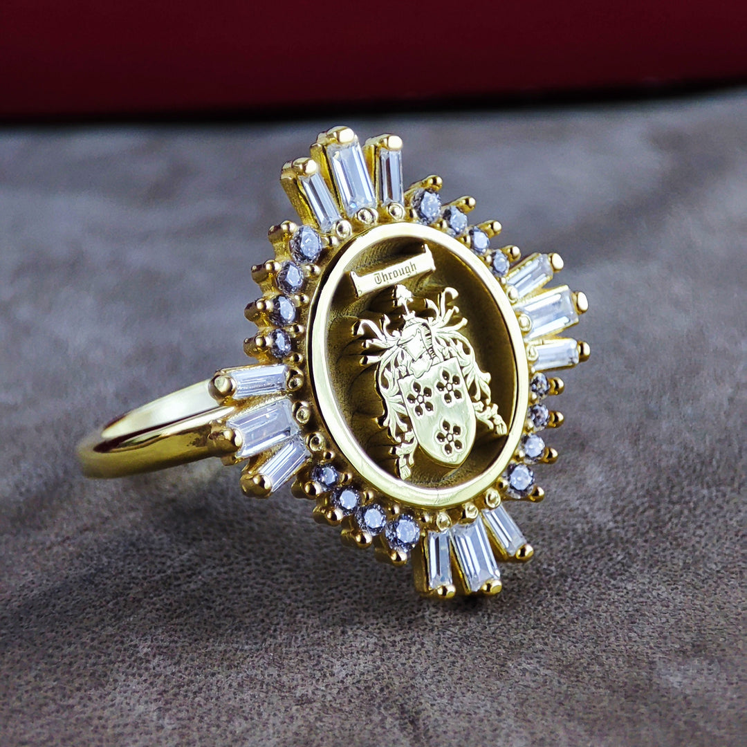 This elegant women’s family crest ring is a sophisticated signet, custom-engraved with a detailed coat of arms. A perfect way to honor ancestry, this noble and refined jewelry piece is designed to be an heirloom. Whether for daily wear or special occasions, this ring serves as a meaningful representation of family legacy and tradition.