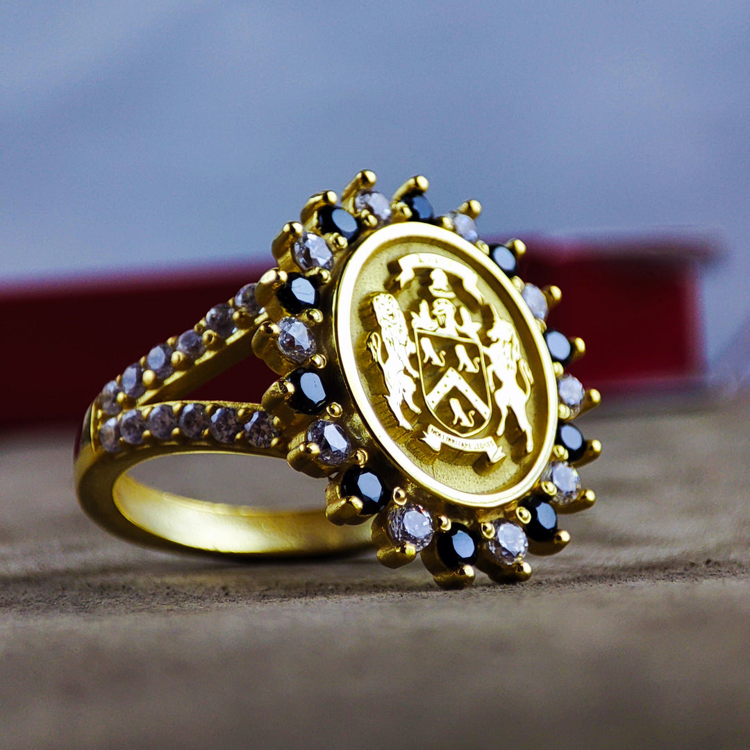 Silver family crest ring for women, showcasing a custom coat of arms design. Ideal as a meaningful gift, this ring celebrates family history and adds elegance to any outfit.