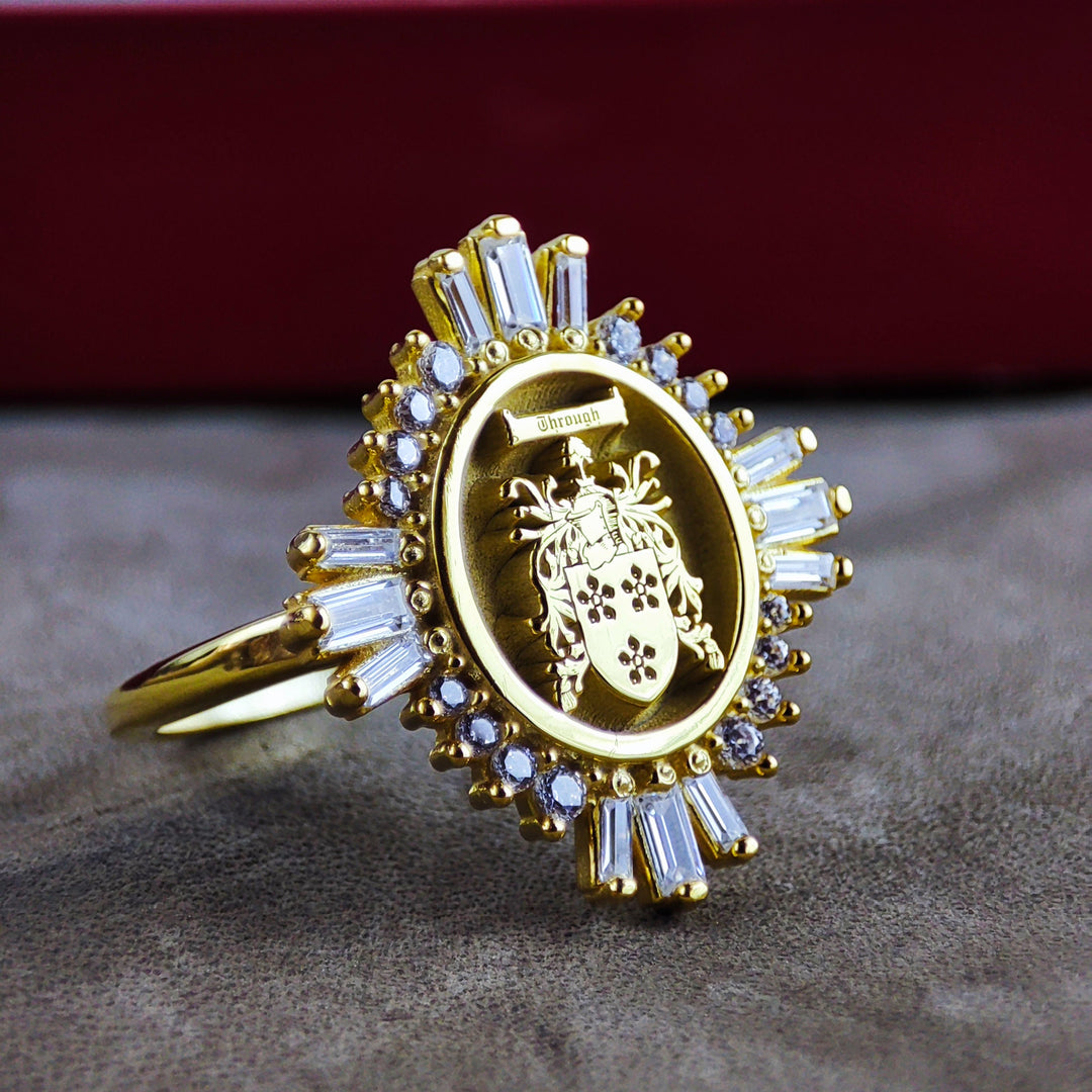 A stunning women's signet ring, engraved with a personalized family crest for a regal and meaningful design. Crafted with elegance and tradition in mind, this heraldic ring symbolizes noble heritage. Whether as an heirloom, a milestone gift, or a refined statement piece, this coat of arms jewelry makes a timeless and sophisticated addition to any collection.