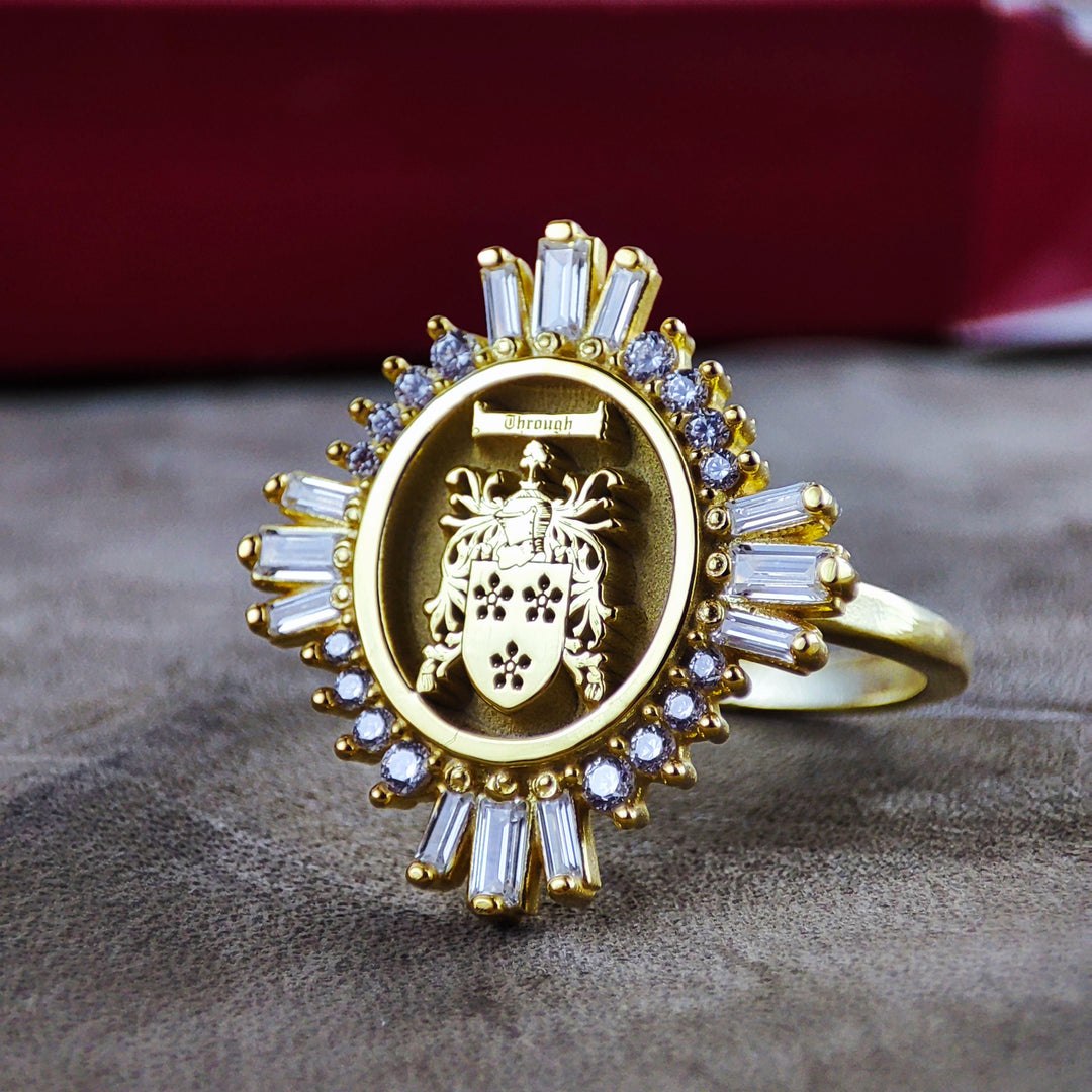 A timeless and meaningful family crest ring, designed for women who love historical and elegant jewelry. This signet ring is custom-engraved with a noble coat of arms, creating a unique piece that represents heritage and legacy. A sophisticated heirloom ring perfect for passing down through generations.