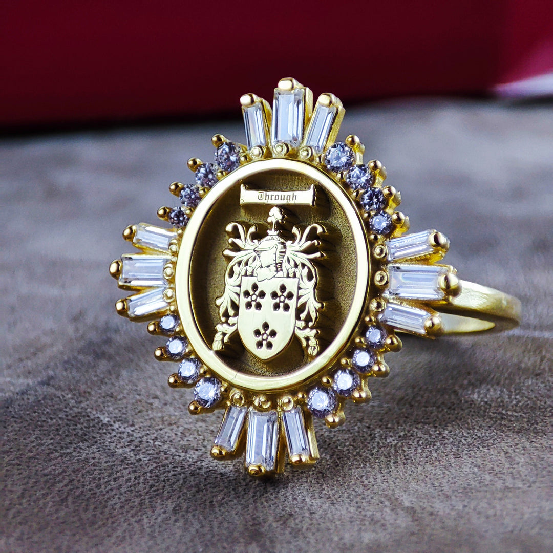 This personalized women’s family crest ring is a stunning heraldic piece, custom-crafted to honor ancestry and lineage. Featuring an intricately detailed engraving, this signet ring is a classic heirloom jewelry piece. Whether given as a commemorative gift or worn as a symbol of personal history, this elegant ring is a lasting tribute to family tradition.