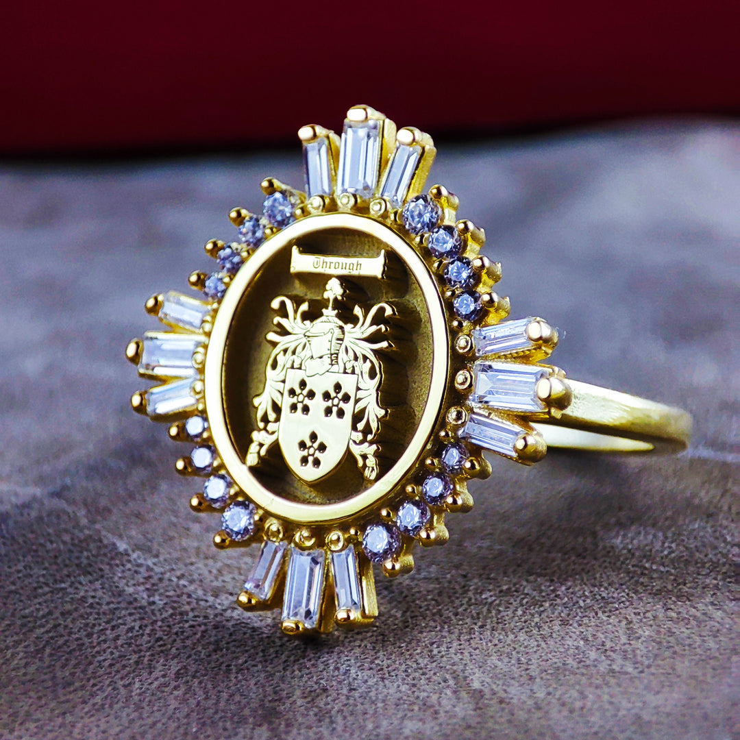 This women's family crest ring is a beautifully crafted signet, featuring a custom-engraved coat of arms. Designed for those who cherish heritage and history, this heirloom jewelry piece blends elegance with tradition. Whether worn as a personal keepsake or passed down as a legacy, this refined ring is a timeless statement of noble lineage and identity.