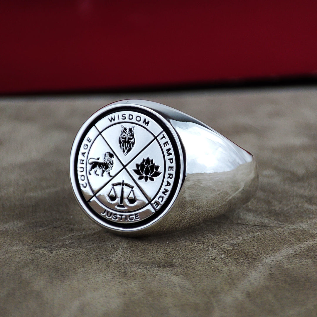 Vintage Gold Stoic Wisdom Courage Justice Temperance Amor Fati Ring Anniversary Gift