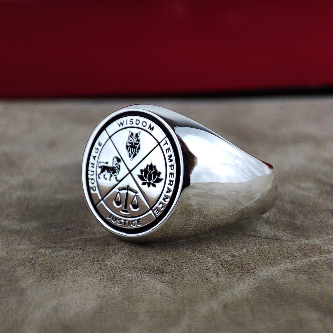 Vintage Gold Stoic Wisdom Courage Justice Temperance Amor Fati Ring Anniversary Gift