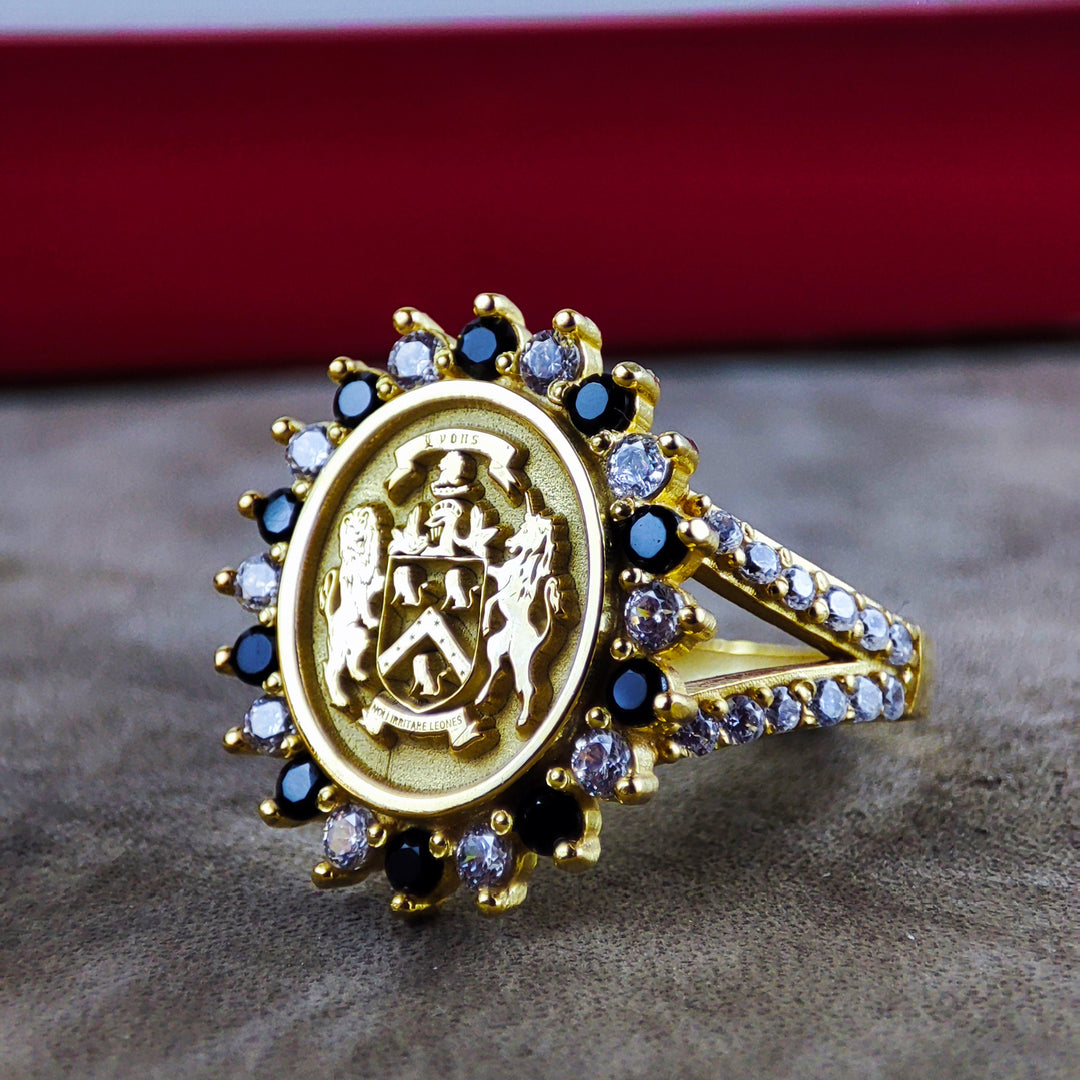 Elegant women’s ring engraved with a family coat of arms, available in silver. This unique signet ring honors ancestry and makes a beautiful and thoughtful gift.