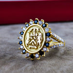 Load image into Gallery viewer, Women’s family ring with a custom engraved family crest in silver. This elegant piece is designed to symbolize lineage, making it a cherished addition to any jewelry collection.