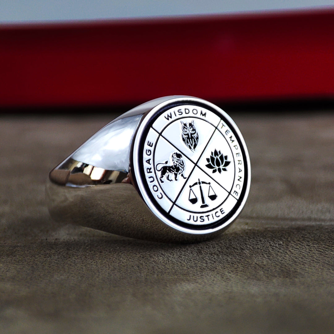 Vintage Gold Stoic Wisdom Courage Justice Temperance Amor Fati Ring Anniversary Gift