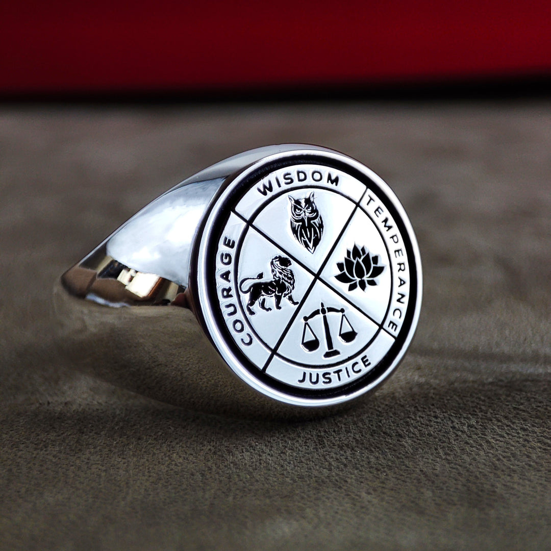 Vintage Gold Stoic Wisdom Courage Justice Temperance Amor Fati Ring Anniversary Gift