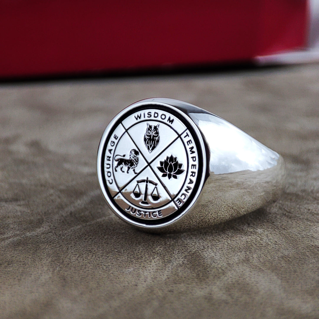 Vintage Gold Stoic Wisdom Courage Justice Temperance Amor Fati Ring Anniversary Gift