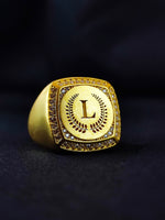 Load image into Gallery viewer, Personalized men’s monogram ring in gold with a single letter engraving. This timeless piece is perfect for daily wear, adding elegance to any look.
