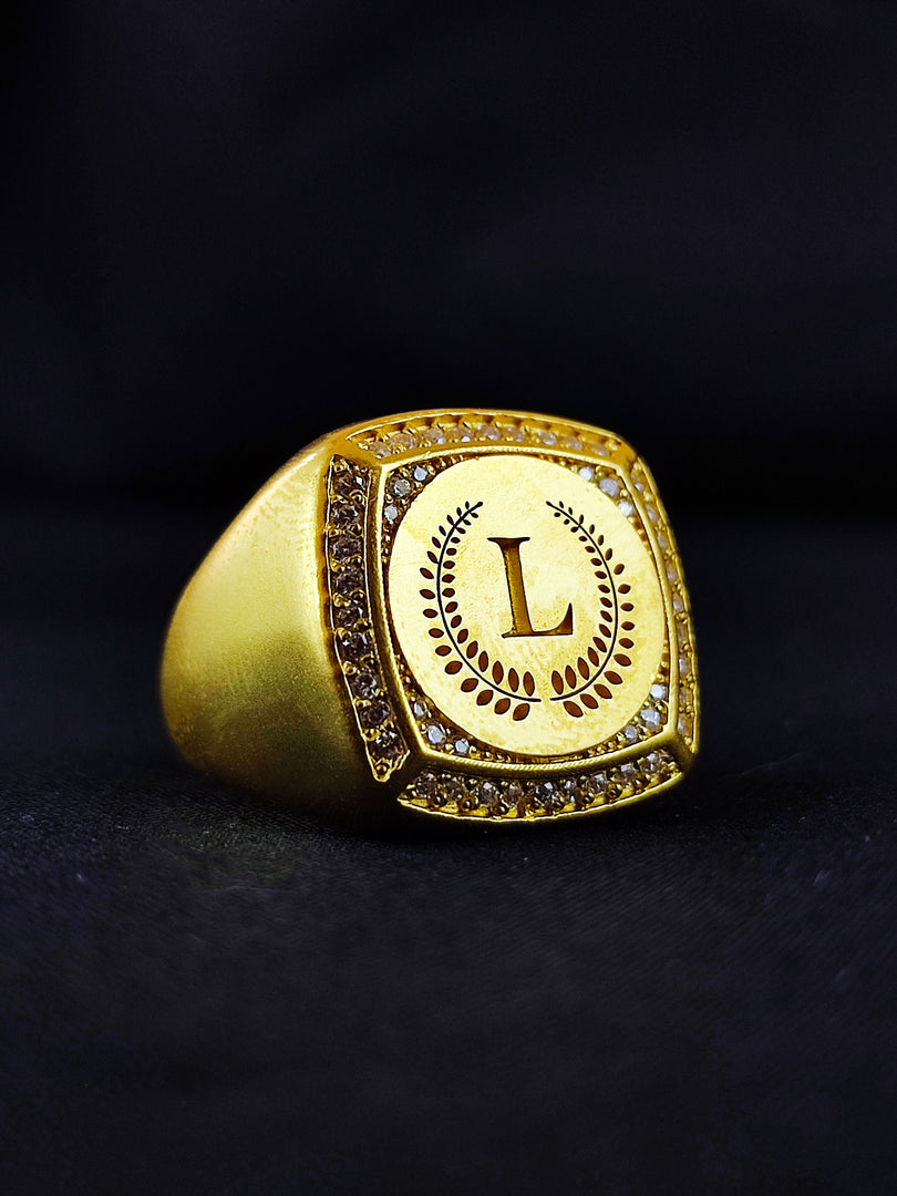 Elegant gold initial ring for men, designed as a simple, personalized signet. This custom letter ring is ideal for showcasing a special initial with subtle style.