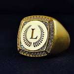 Load image into Gallery viewer, Men’s gold initial ring with a custom engraved letter, perfect for adding a personal touch. This elegant signet ring combines style and meaning for everyday wear.
