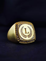 Load image into Gallery viewer, Unique men’s gold ring with a custom letter, crafted for a modern yet classic look. Perfect for those who value personalized jewelry.
