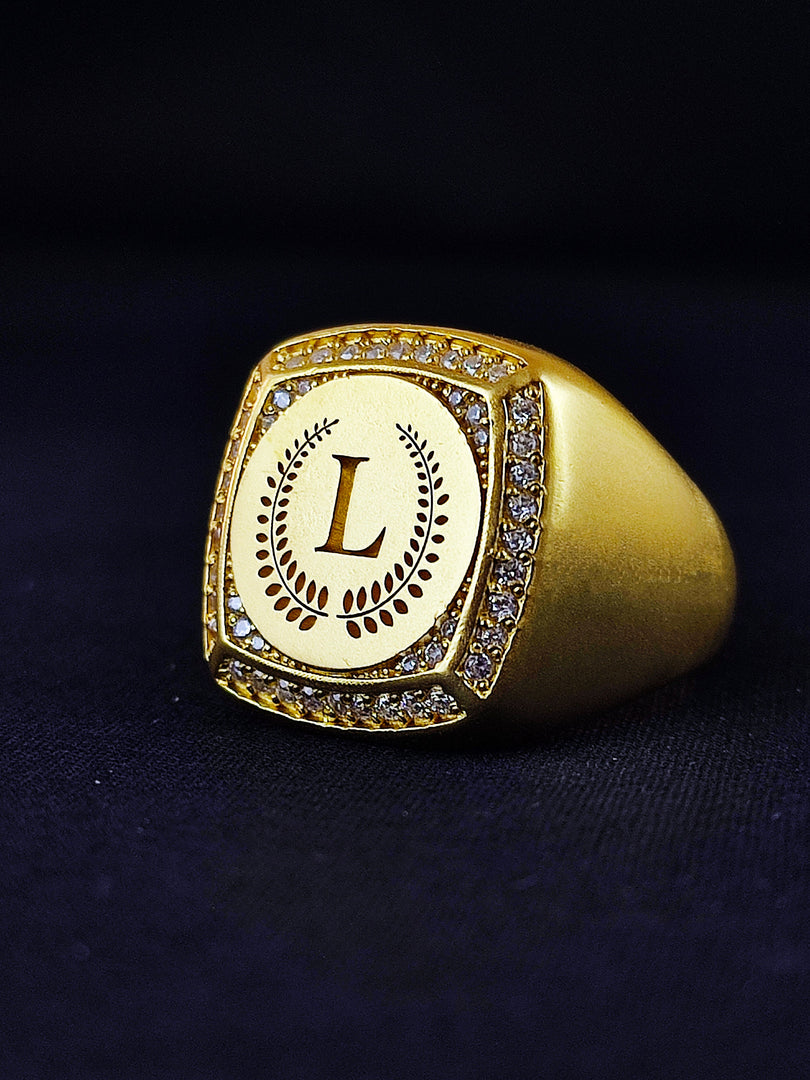 Custom engraved men’s ring with a gold initial, designed for elegance. A meaningful gift choice, this ring celebrates individuality and makes a great keepsake.