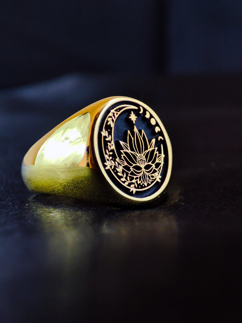 Gold Filled Lotus Flower Signet Ring For Her - Yoga Crescent Moon Jewelry