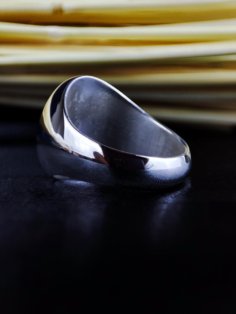 A regal and sophisticated silver signet ring, featuring a custom-engraved coat of arms for a personalized touch. This heraldic jewelry piece symbolizes noble heritage, making it a perfect heirloom ring. Designed for those who honor tradition, this unique crest ring is an elegant statement of family pride.