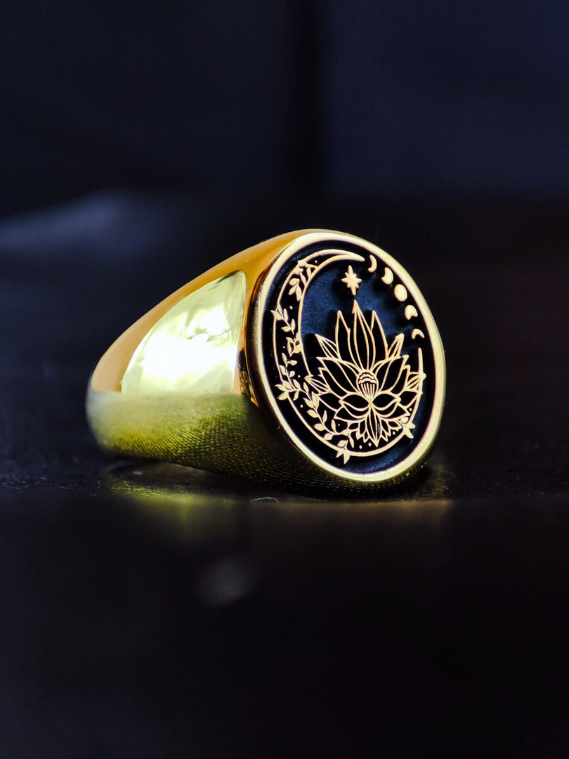 Gold Filled Lotus Flower Signet Ring For Her - Yoga Crescent Moon Jewelry