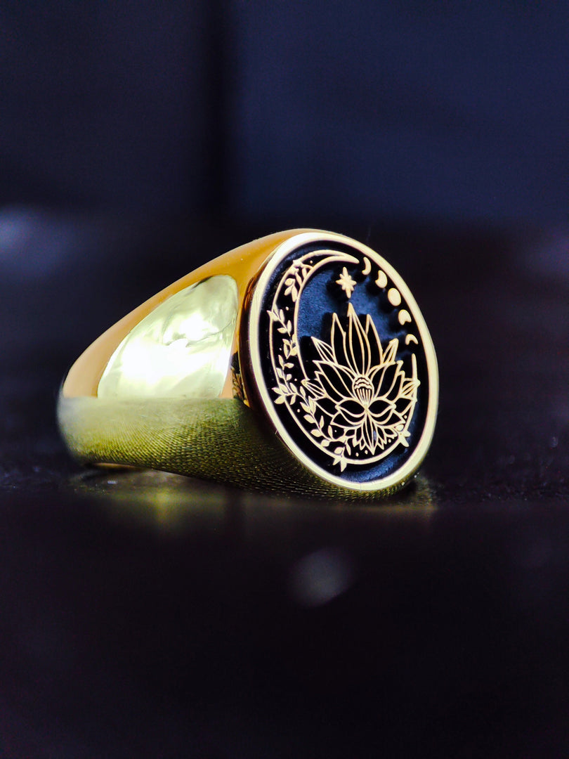 Gold Filled Lotus Flower Signet Ring For Her - Yoga Crescent Moon Jewelry