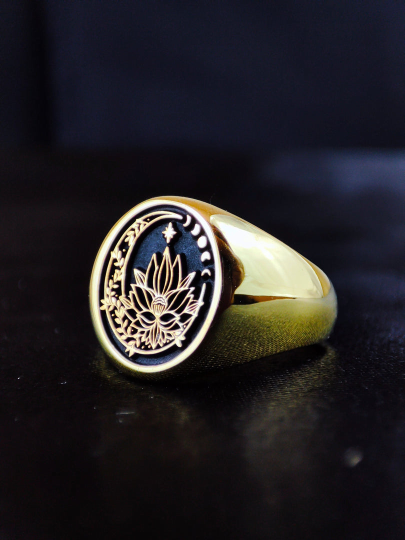 Gold Filled Lotus Flower Signet Ring For Her - Yoga Crescent Moon Jewelry