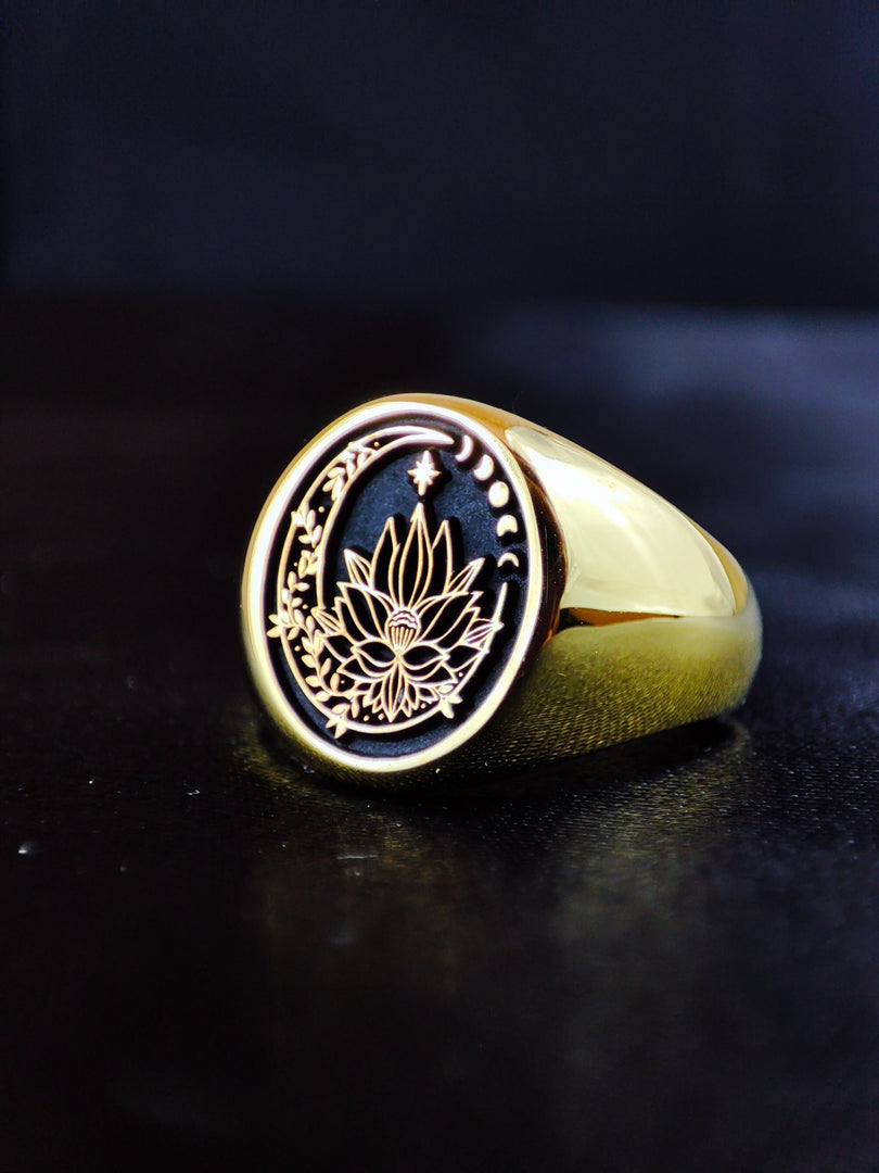 Gold Filled Lotus Flower Signet Ring For Her - Yoga Crescent Moon Jewelry