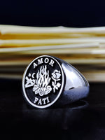 Load image into Gallery viewer, Unique Custom Gothic Skull Memento Mori Signet Ring Amor Fati Jewelry Silver Gift for Him