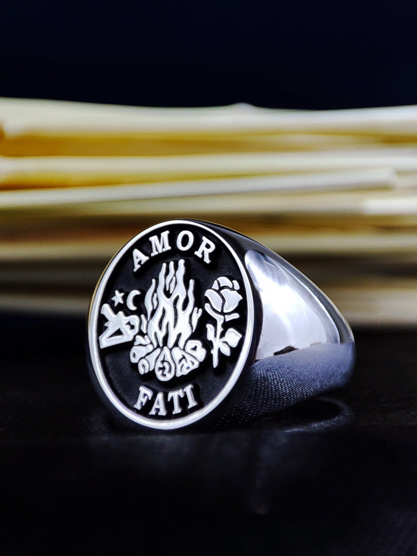 Unique Custom Gothic Skull Memento Mori Signet Ring Amor Fati Jewelry Silver Gift for Him